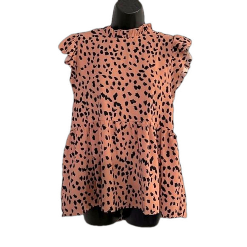 White Birch ruffled neck & sleeves flowy, peach black animal print loose fit S